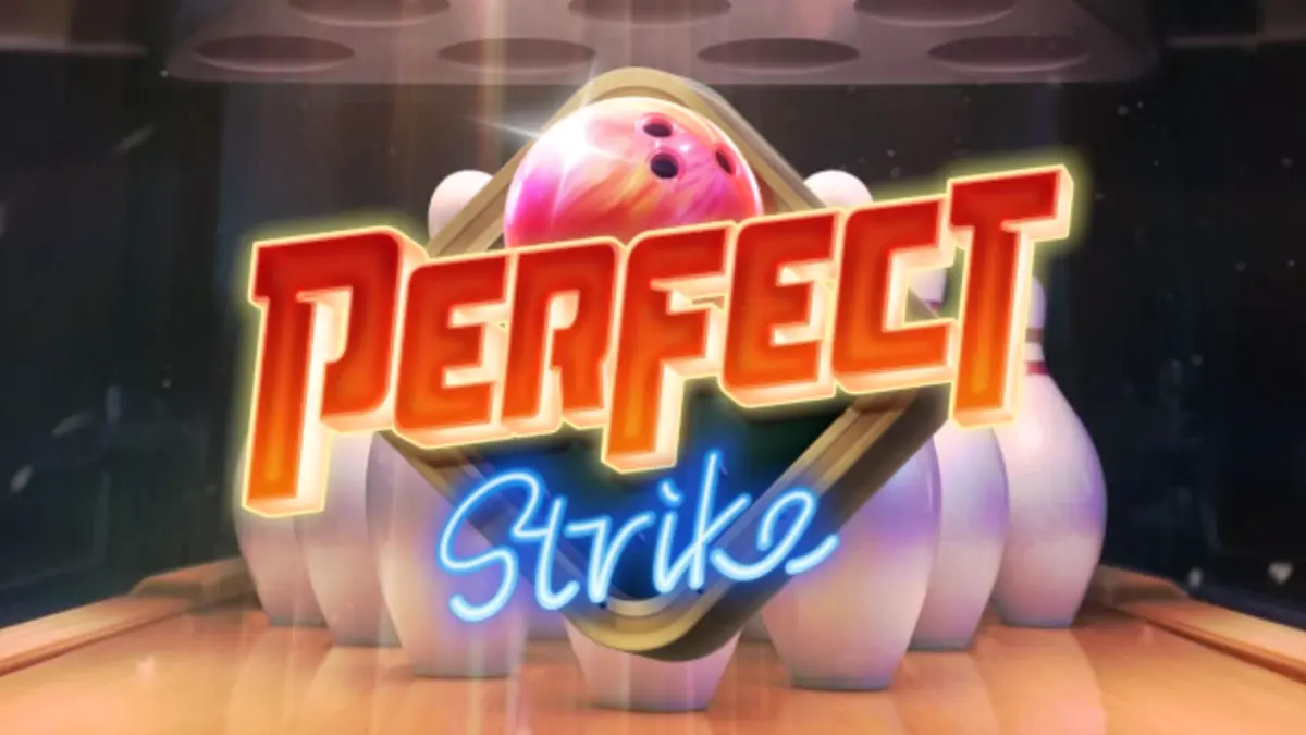 Interface do jogo de slot Perfect Strike com temática de boliche neon